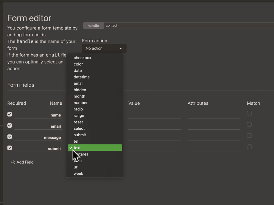 Form field setup with input types displayed