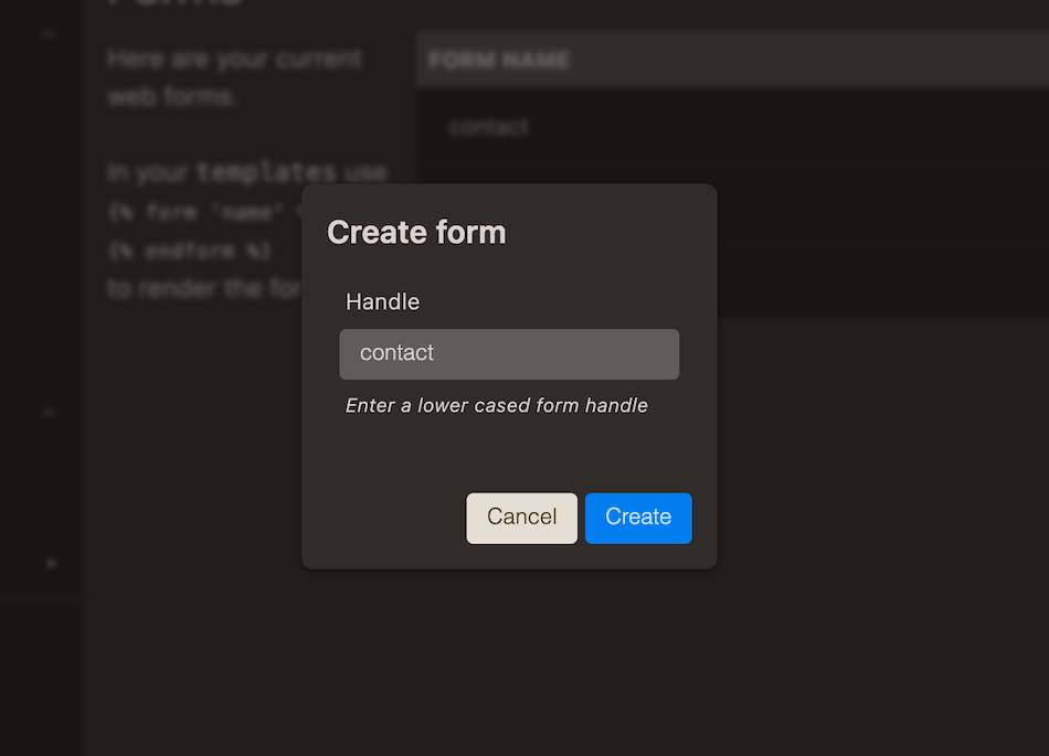 Dialogue for creating with specification of handle