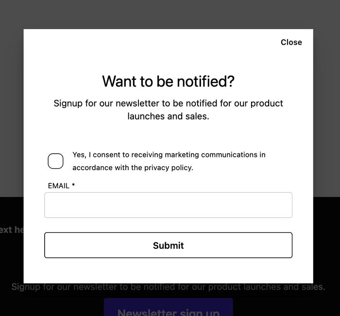 Signup dialog in default CMS theme