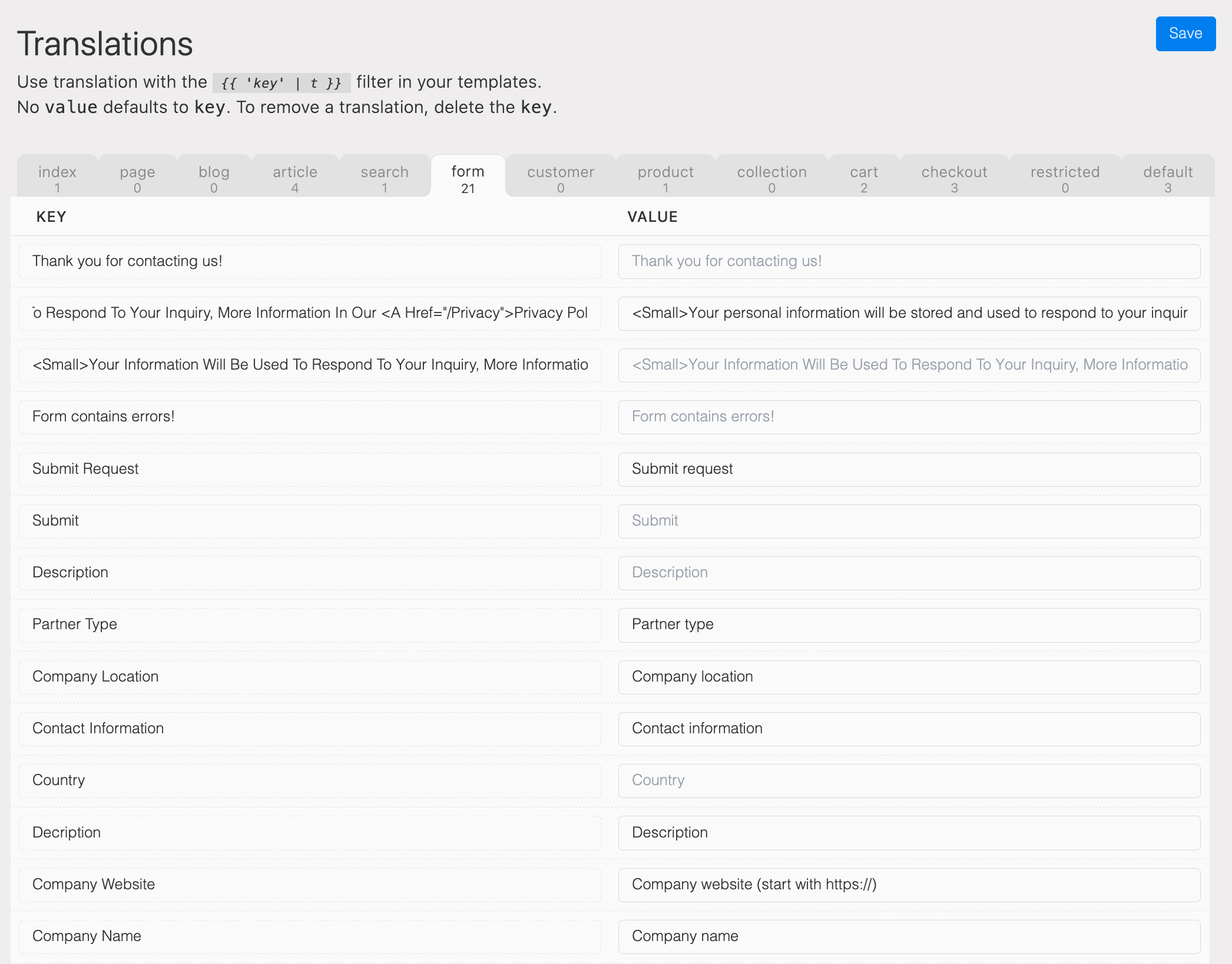 Strings to be translated for the forms built in the system
