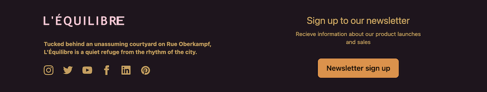Footer in default theme with lilac background and yellow text