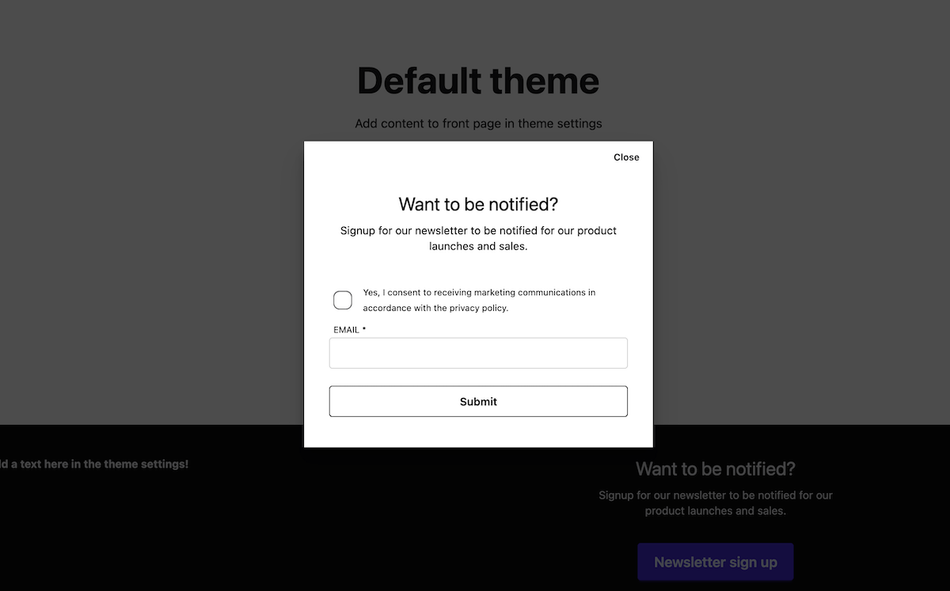 Dialog for newsletter signup