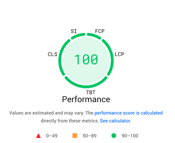 Website speed insights performance of 100