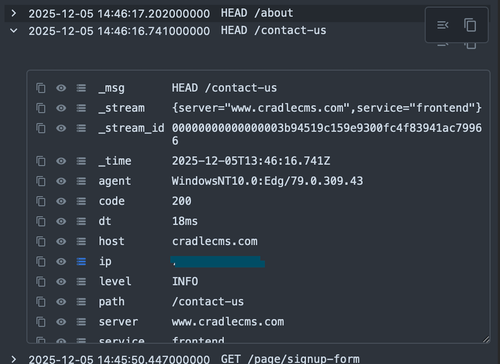 Sample of a log entry viewed in Victoria logs software