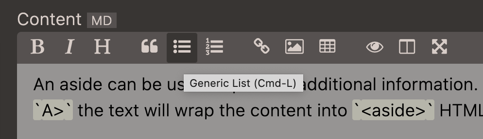 Button for unordered list in toolbar