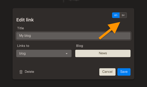 Language button on edit link dialog