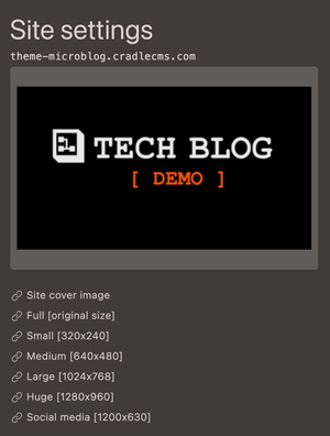 Cover image uploaded into site settings with URLs to image formats underneath the image