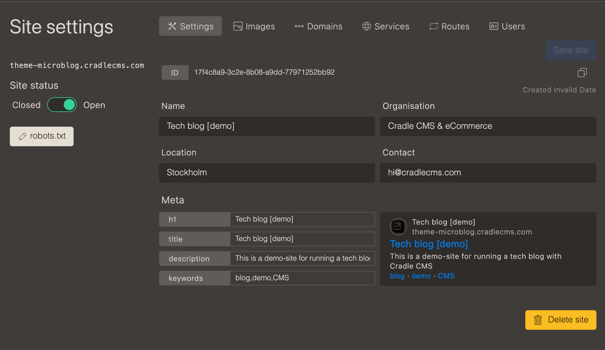 General settings in site settings