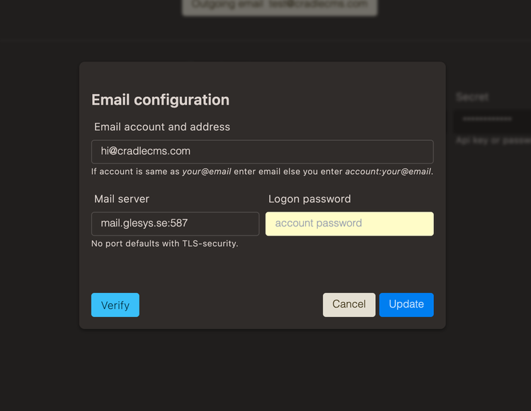 dialog for adding email configuration