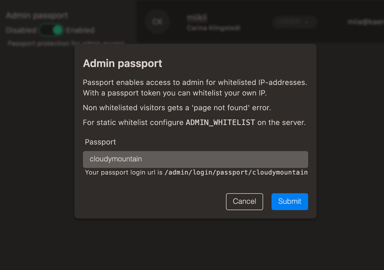 Dialog to turn on the passport functionality in admin