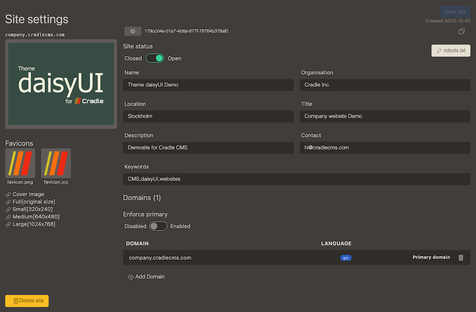 Site settings in Cradle admin