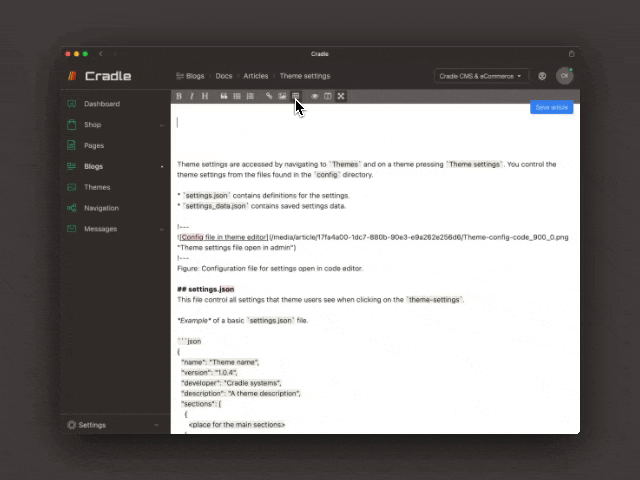Inserting a table with markdown editor in cradle