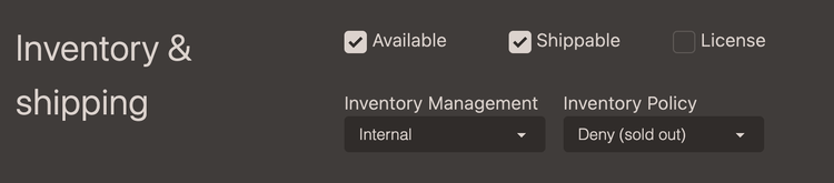 Inventory and shipping settings in admin for a product