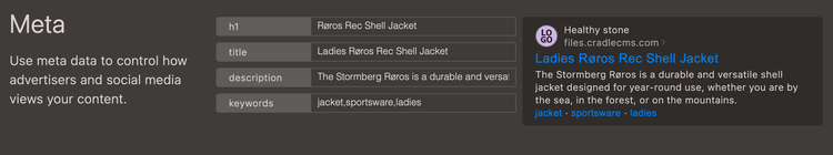 section in admin for insering and previewing meta data for SEO
