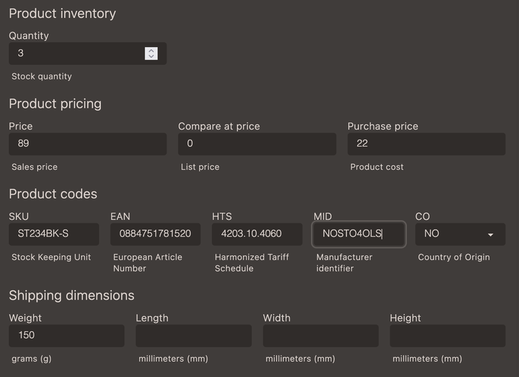 Information on product variant