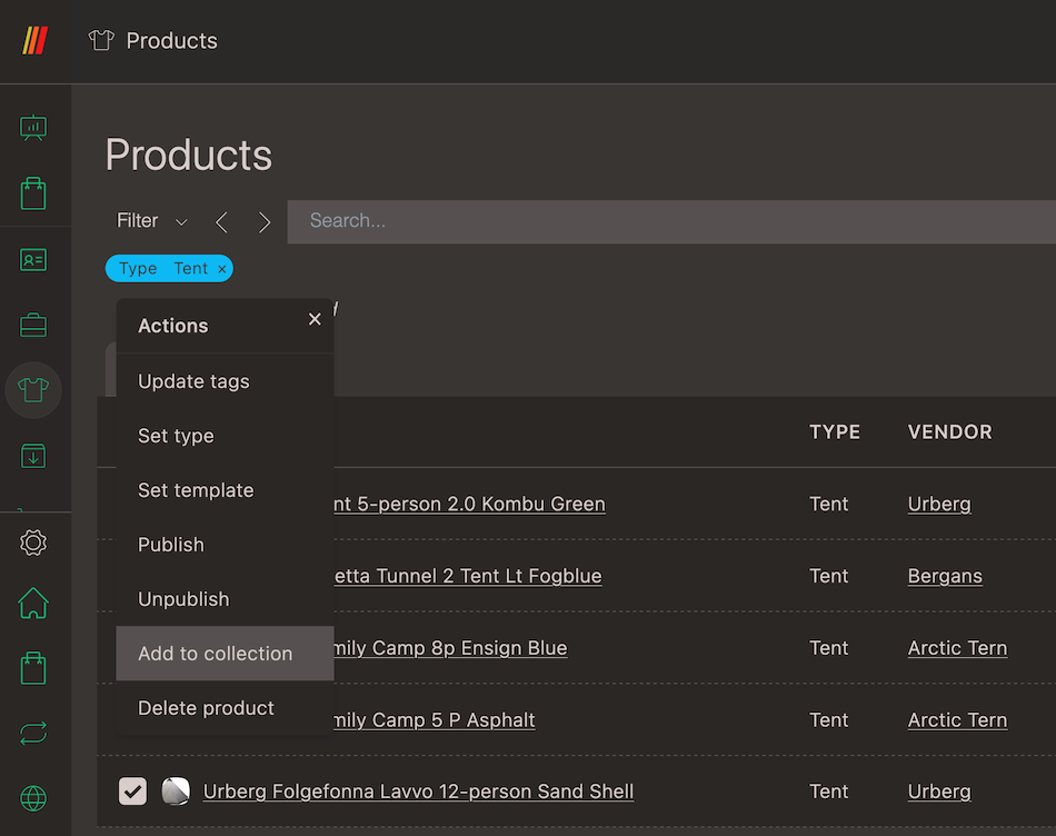 Product listings page with actions menu open