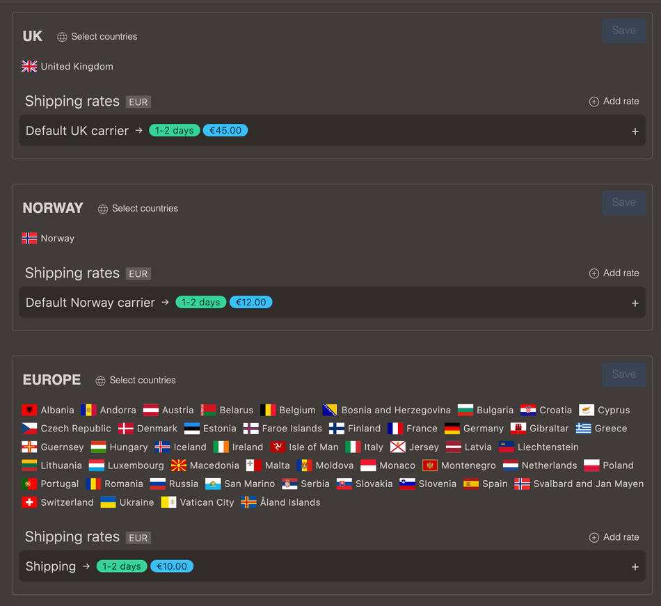 Shipping zones with rates