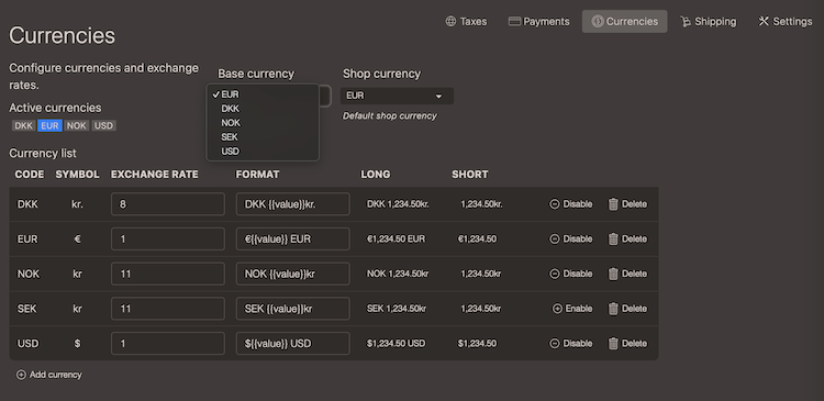 Shop settings for currencies with base currency dialog open