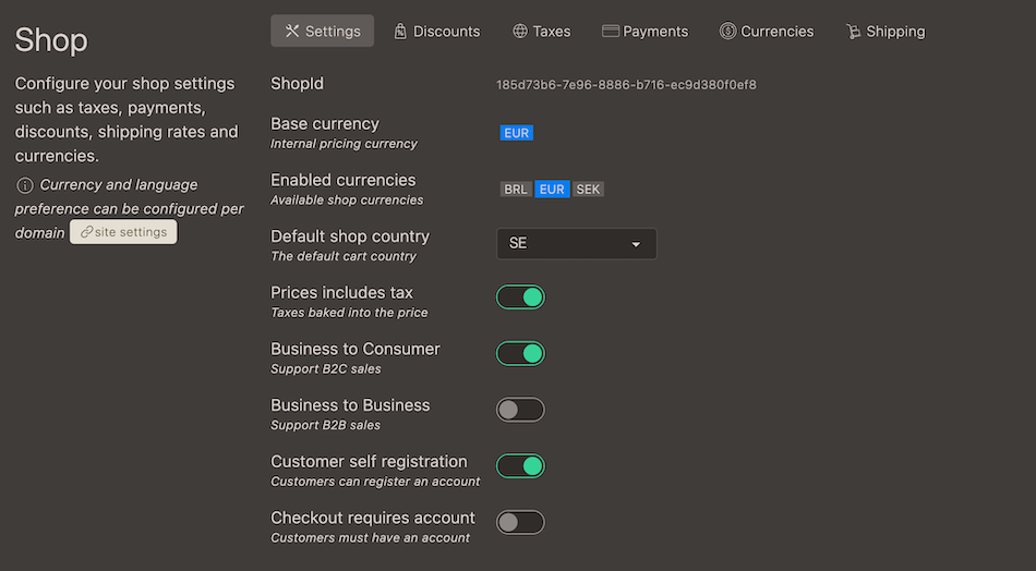 Shop settings view in admin