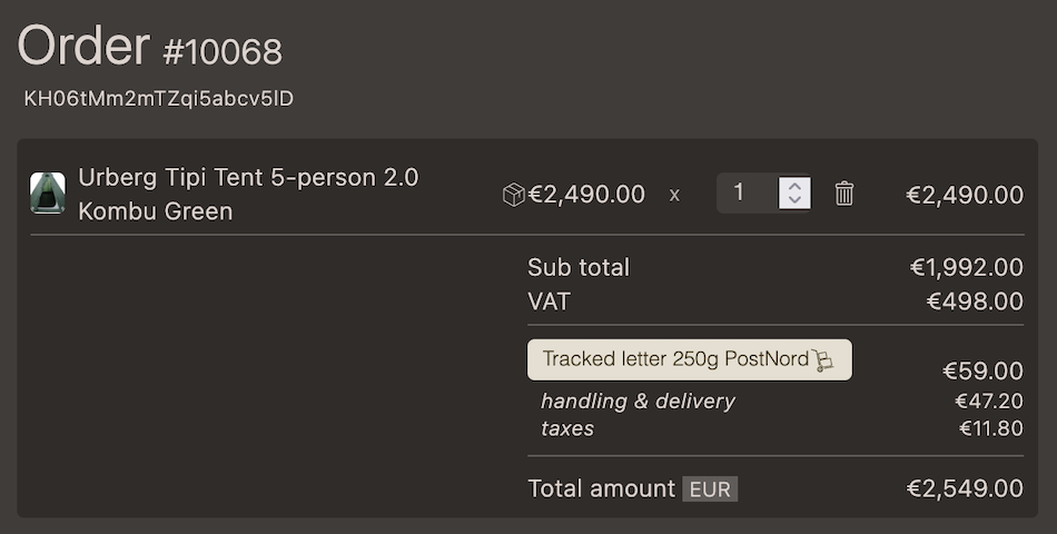 View of the order information
