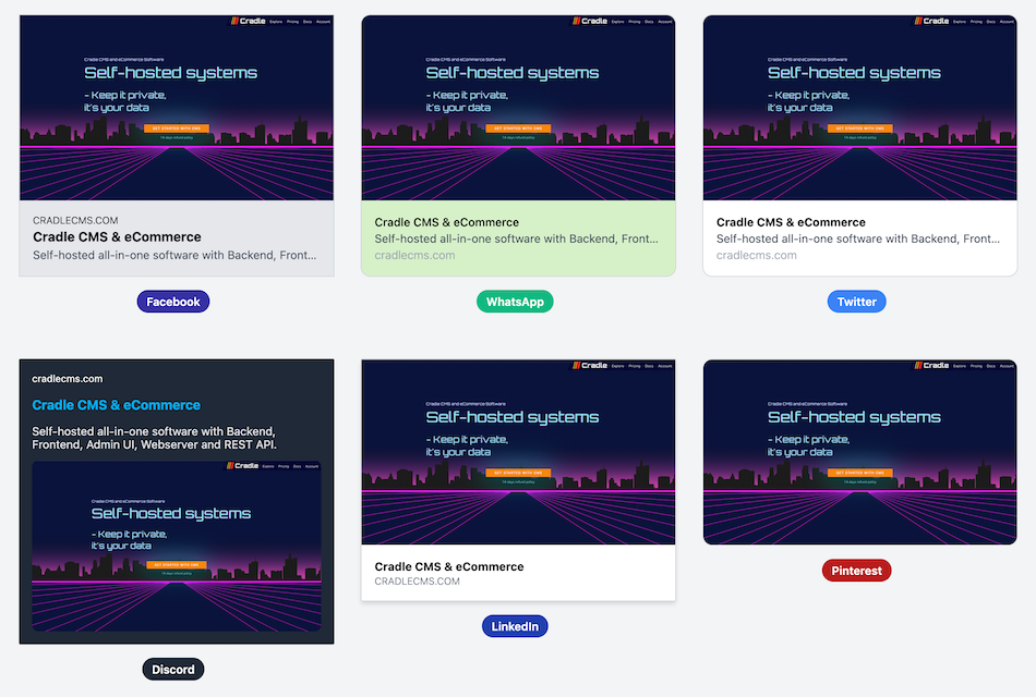 Preview of social media sharing cards