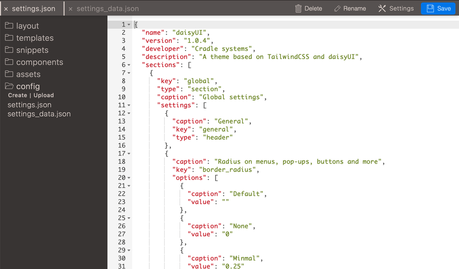 Config file in theme editor