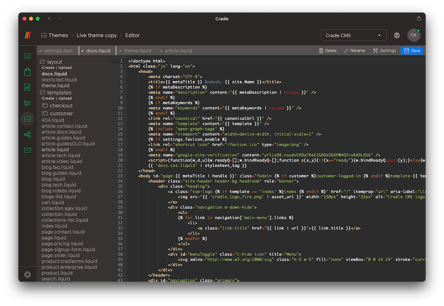 Code editor in Cradle CMS