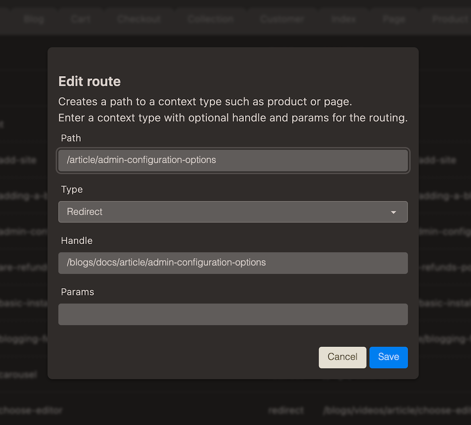 Dialogue for creating a 301-redirect