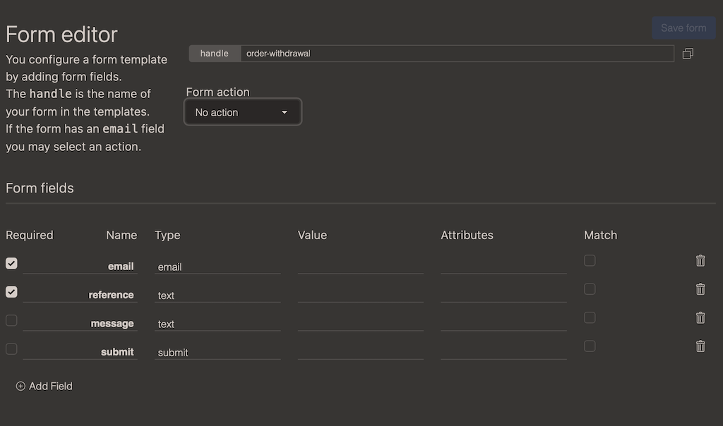 Adminview of form editor