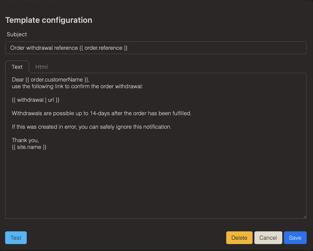 order withdrawal email template