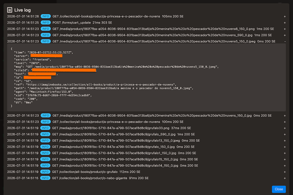 Live log view in dashboard