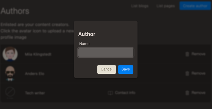 Dialog for adding name to a new author