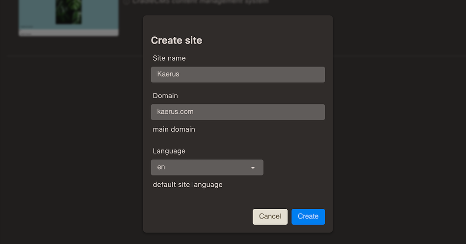Create site dialog